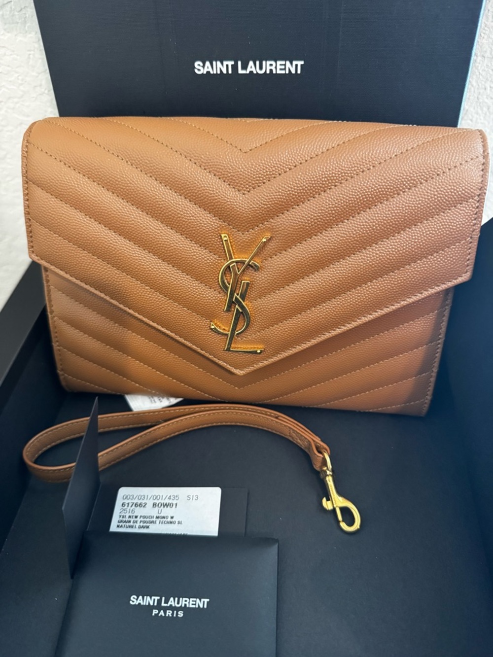 YSL Envelope Flap Leather Clutch with With Wristlet. New in box!